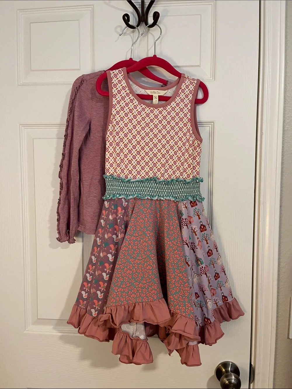 Matilda Jane Pink Mixed-Print Ruffle Dress Set 6 - Chickens, Schoolhouse, & Bows